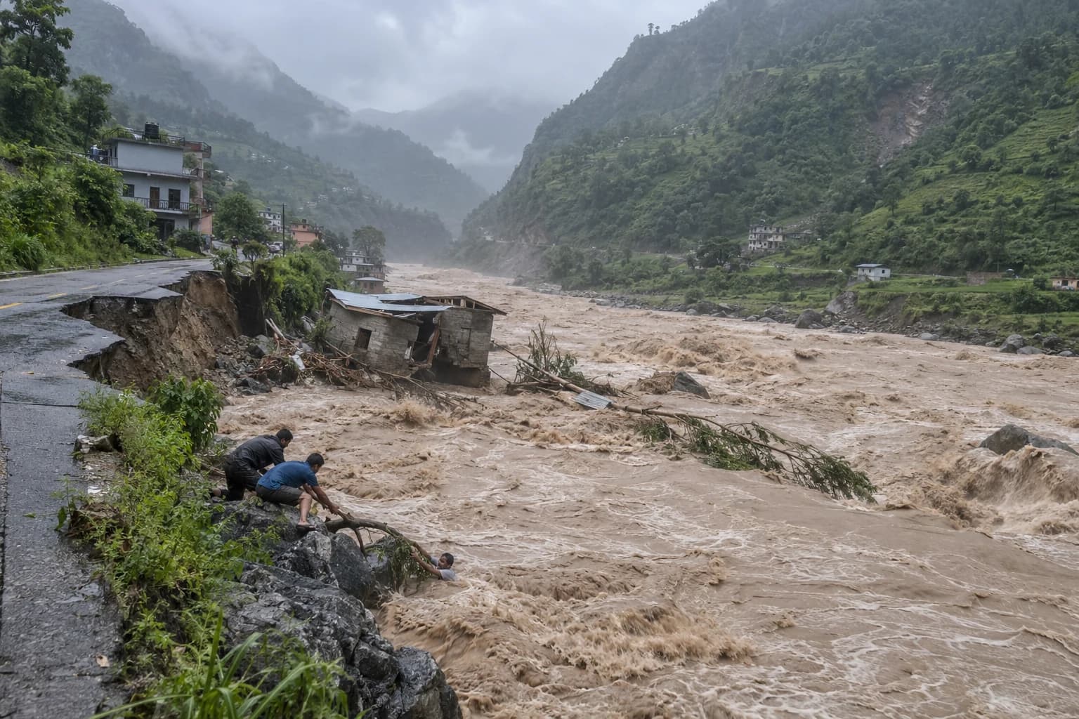 Floodwater rushing through a mountain valley beside damaged roads and homes